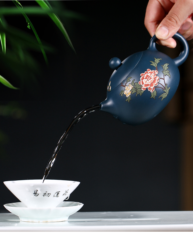 純手工紫砂壺，小巧琺瑯印花紫砂壺